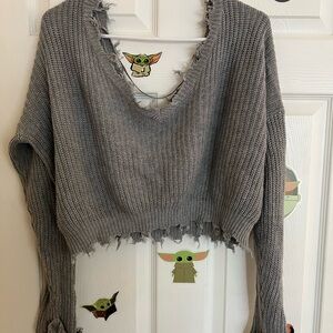 Gray Frayed Cropped Sweater